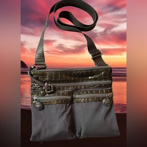 Brighton Go Go Dark Brown Nylon Crossbody Bag with Croc Accents